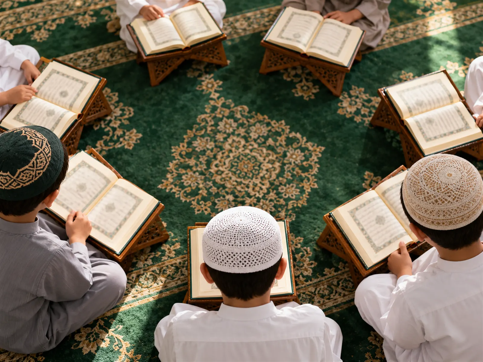 حلقة تحفيظ: طلاب حول المصاحف على الرحل في المسجد