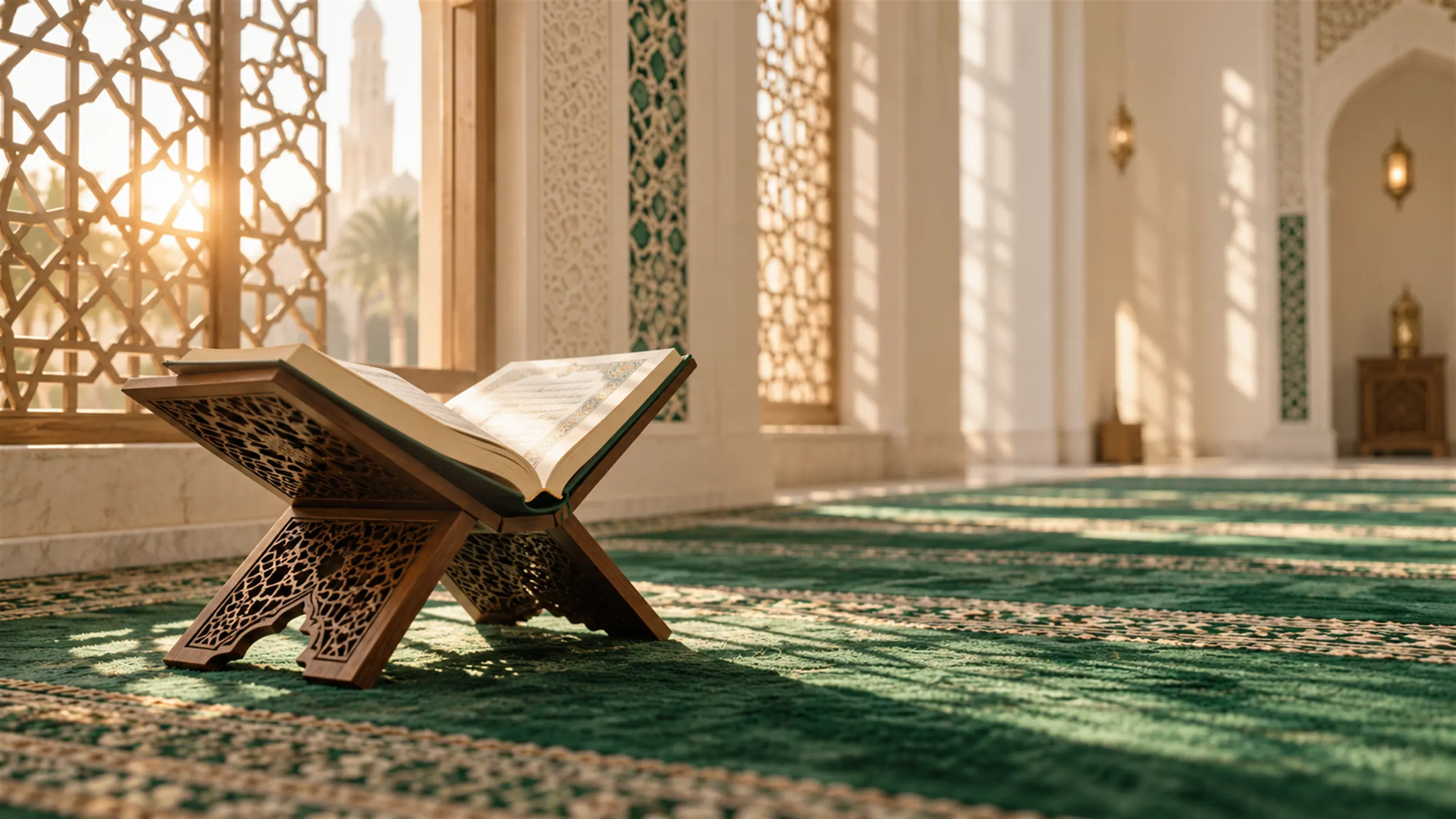 مصحف مفتوح على رحل خشبي في ضوء الصباح داخل المسجد