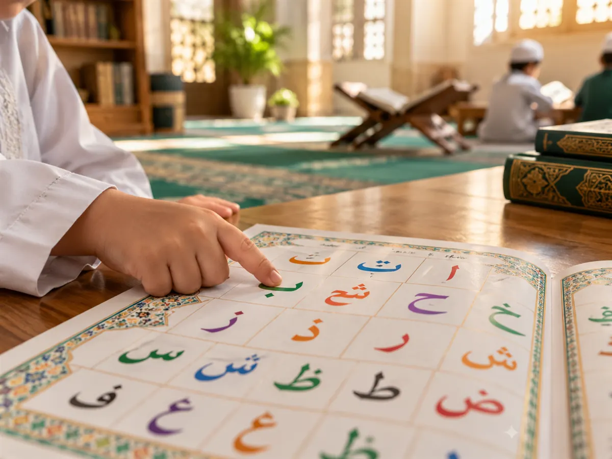 إصبع طفل يتتبّع الحروف العربية في كتاب التأسيس